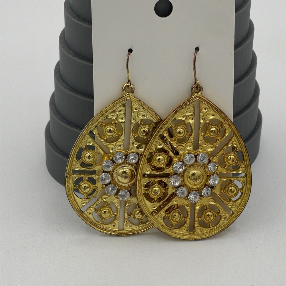 4.7.26-26 Goldtone Teardrop Crystal Filigree Eurostyle Earrings - Women Jewelry